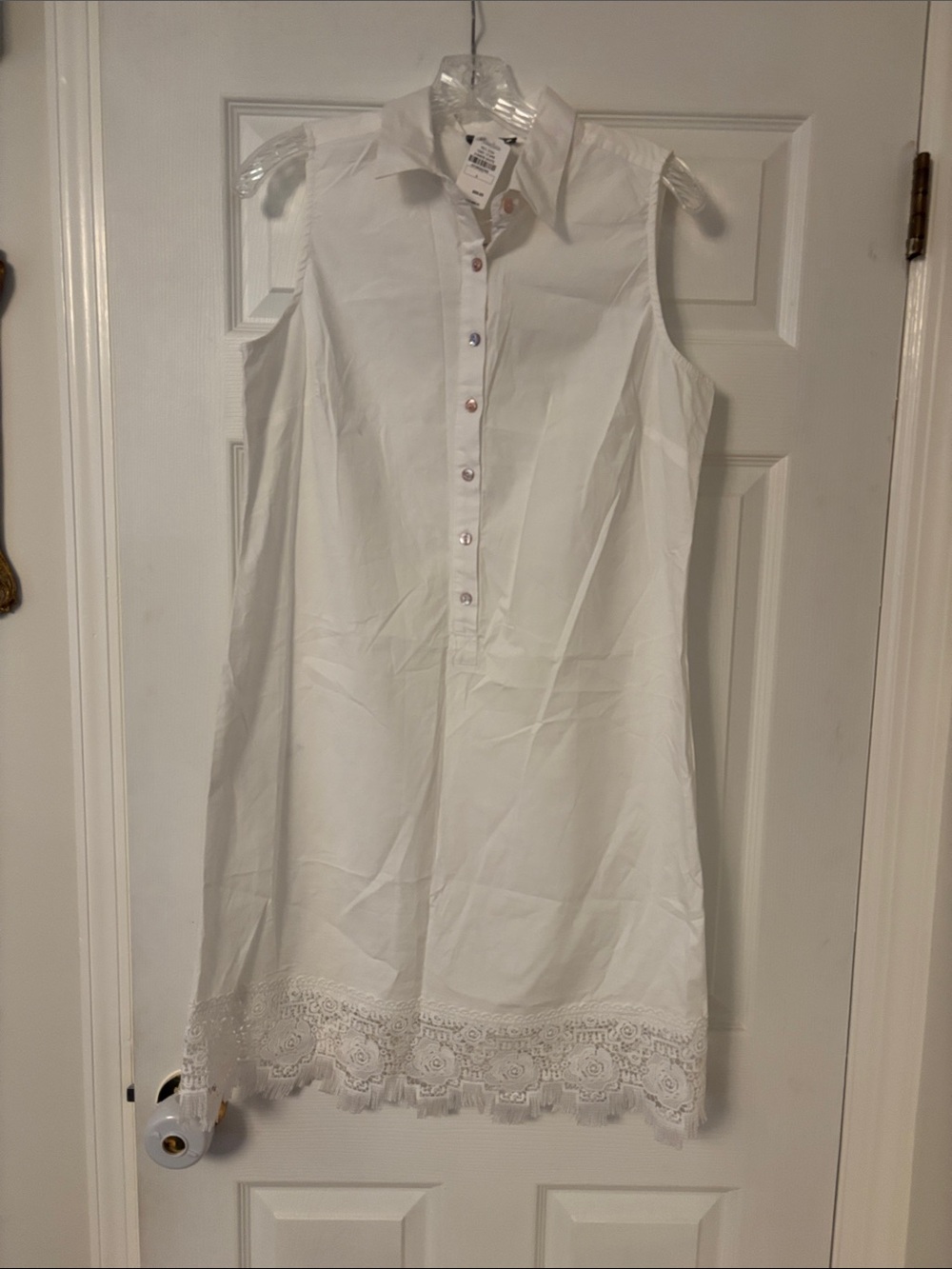 Neiman Marcus White Sleeveless Shirt Dress with Lace Hem